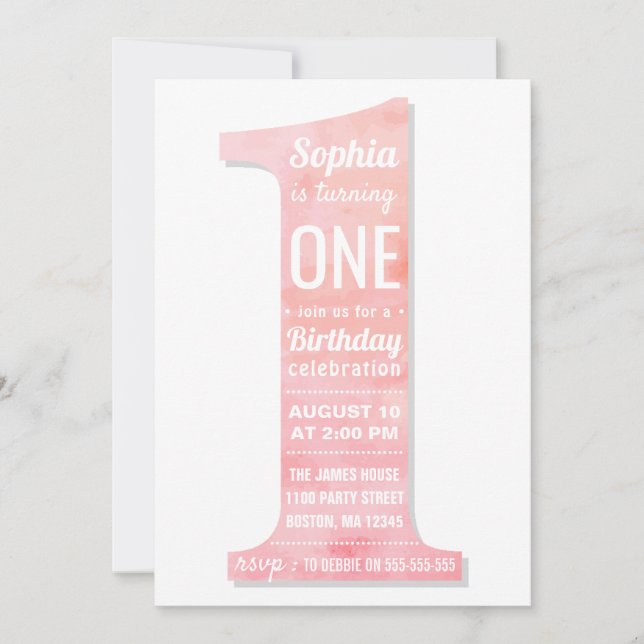 Invitation Elégant moderne rose Aquarelle fille premier anniv (Devant)