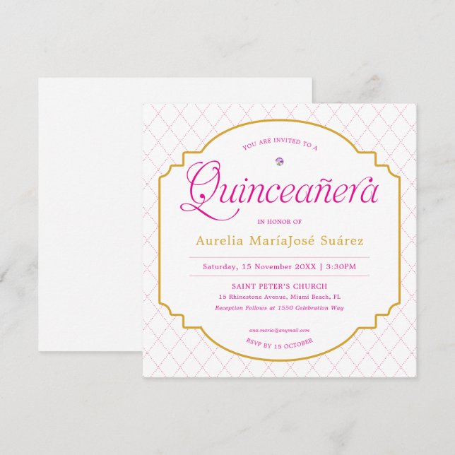 Invitation Elégant moderne rose or Quinceañera (Devant / Derrière)