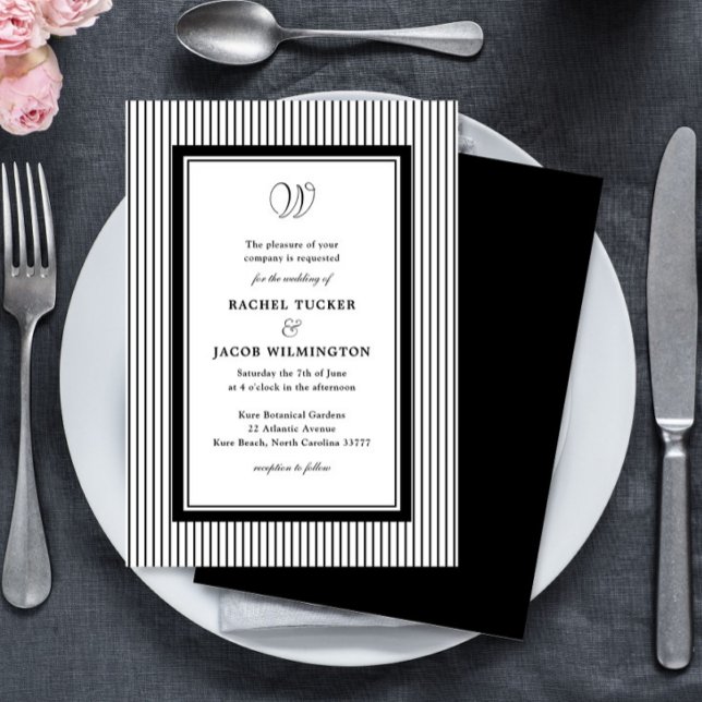Invitation Elegant Monogram Black & White Striped Wedding (Créateur téléchargé)