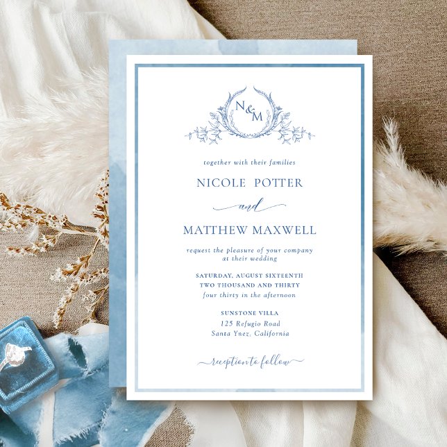 Invitation Elégant Monogram Blue Watercolor Mariage Invitatia (Créateur téléchargé)