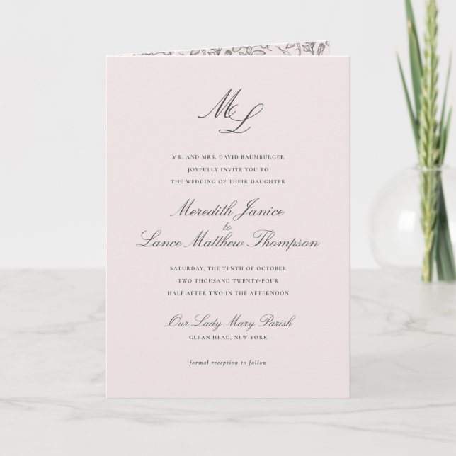 Invitation Elegant Monogram Blush Floral All In One Wedding (Devant)