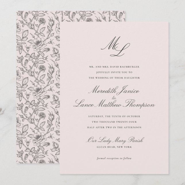 Invitation Élégant Monogram Blush Floral Script Mariage (Devant / Derrière)
