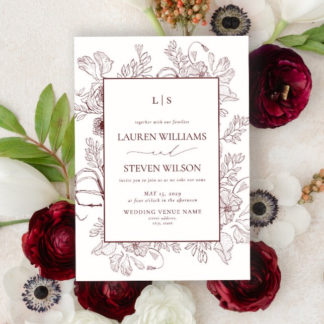 Invitation Élégant Monogram Bourgogne Floral Line Mariage (Créateur téléchargé)