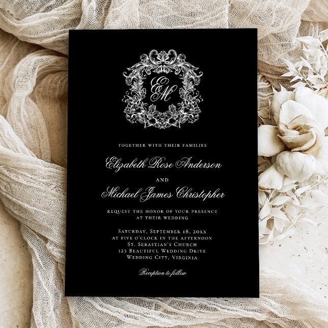 Invitation Elegant Monogram Crest Black Wedding (Créateur téléchargé)