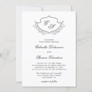 Invitation Élégant Monogram Crest Black White Mariage