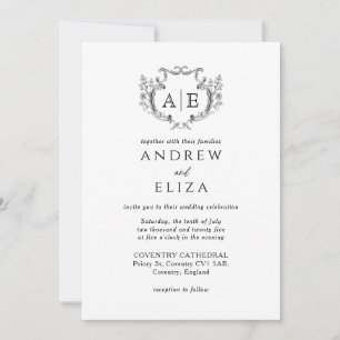 Invitation Élégant Monogram Crest Mariage noir et blanc