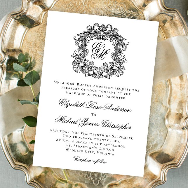 Invitation Élégant Monogram Crest Mariage noir et blanc (Créateur téléchargé)