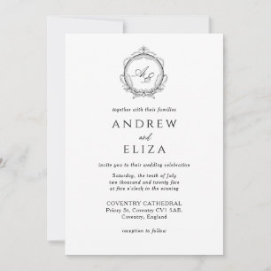 Invitation Élégant Monogram Crest Mariage noir et blanc