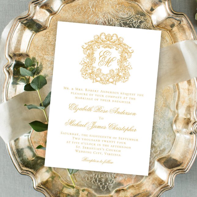 Invitation Élégant Monogram Crest Script Mariage Faux Gold (Créateur téléchargé)