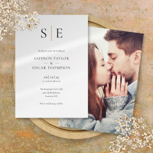 Invitation Élégant Monogram Gold Black Photo Mariage