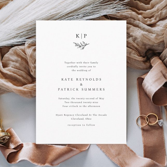 Invitation Elegant Monogram Greenery Leaves Simple Wedding (Simple Wedding Monogram with Greenery Wedding Invitations.)