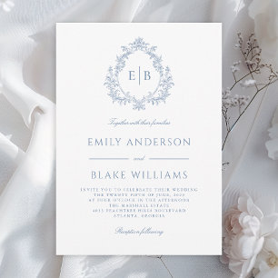 Invitation Élégant Monogramme Bleu Dusty Mariage Crest