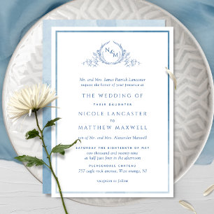 Invitation Élégant Monogramme Bleu Mariage Aquarelle Formel