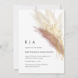 Invitation Élégant Monogramme Boho Pampas Gold Grass