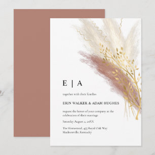 Invitation Elégant Monogramme Boho Pampas Gold Grass Invit