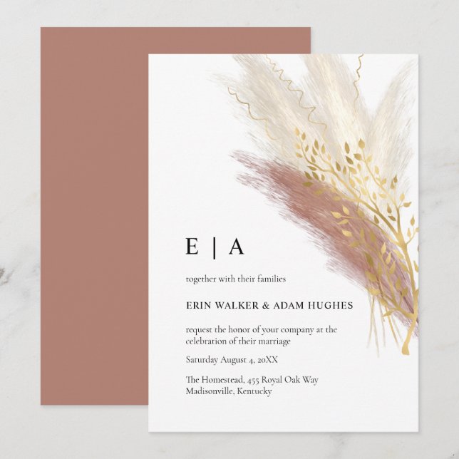 Invitation Elégant Monogramme Boho Rose Or Pampas Grass Invit (Devant / Derrière)