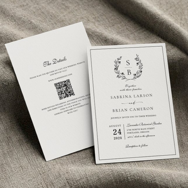 Invitation Élégant Monogramme Botanique Wreath QR Code Mariag (Créateur téléchargé)