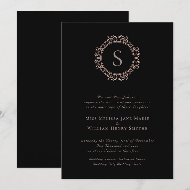 Invitation Élégant Monogramme Copper Blush Mariage noir (Devant / Derrière)