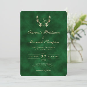 Invitation Élégant Monogramme de couronne velours vert Mariag