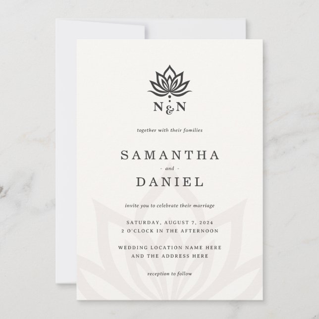 Invitation Élégant monogramme de fleur de lotus ivoire neutre (Devant)