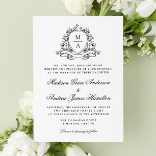 Invitation Élégant Monogramme de Mariage à Couronne Fleurie N
