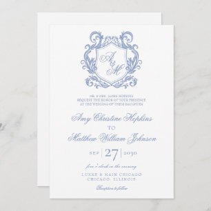 Invitation Élégant Monogramme Dusty Blue Crest Mariage