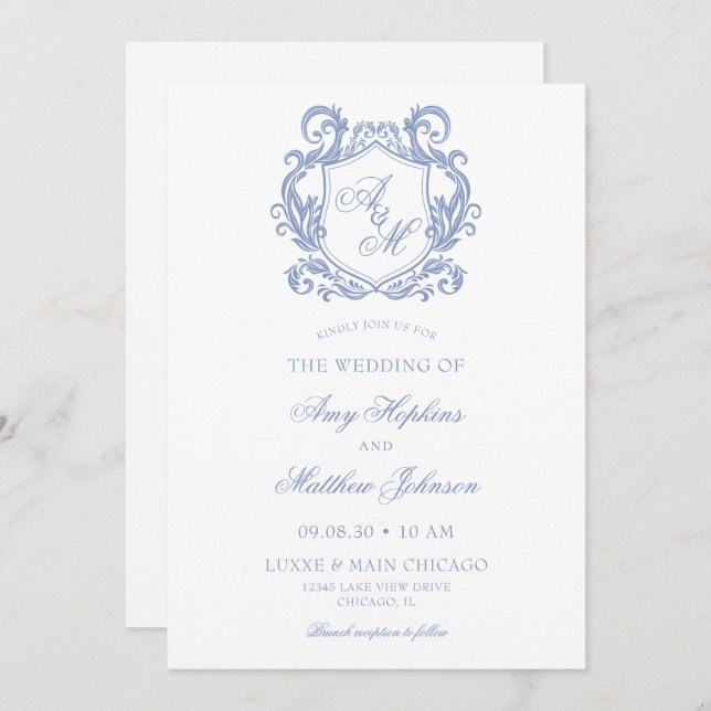 Invitation Élégant Monogramme Dusty Blue Crest Mariage (Devant / Derrière)