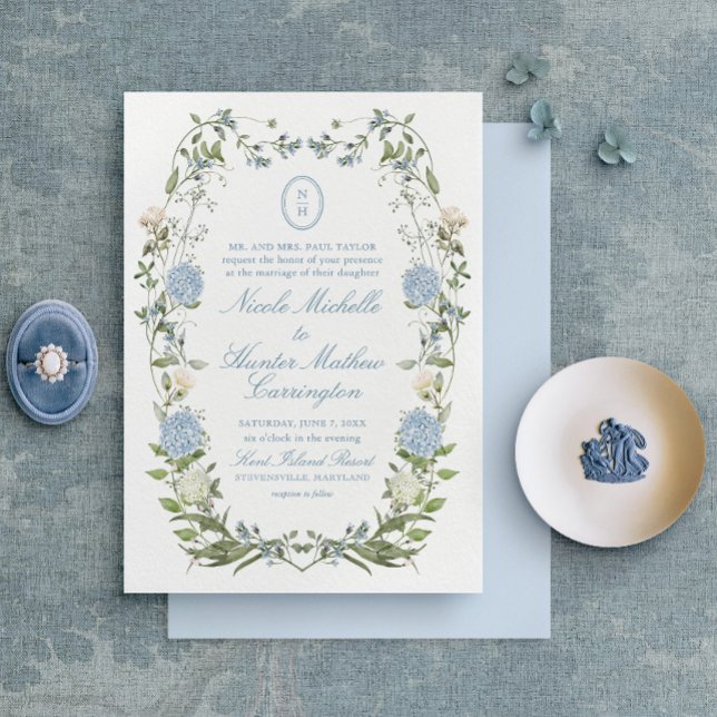 Invitation Élégant monogramme Dusty Blue Hydrangea (Créateur téléchargé)
