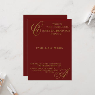 Invitation Élégant Monogramme en Bourgogne et Feuille d'Or 