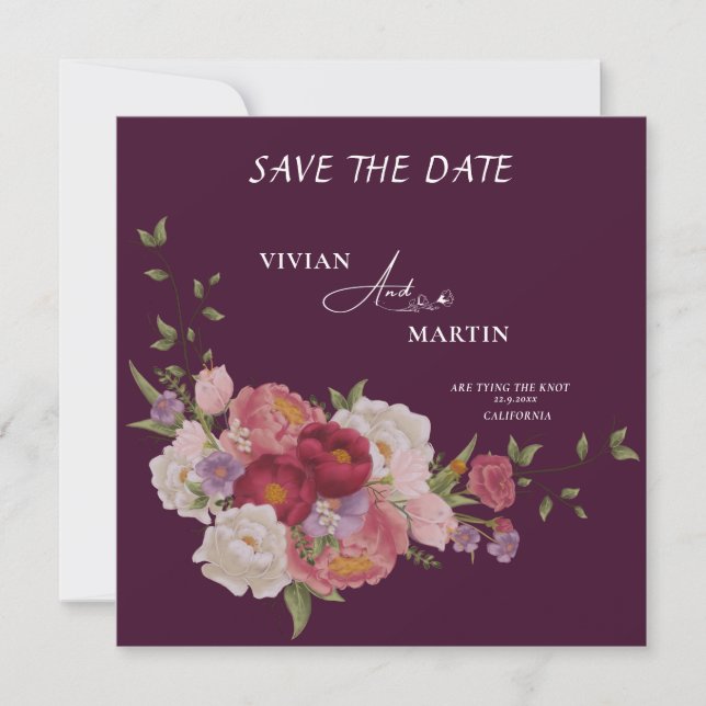 Invitation Élégant Monogramme Floral Bourgogne Save The Date (Devant)