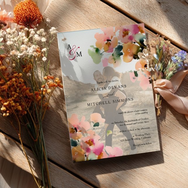 Invitation Élégant Monogramme floral d'automne Mariage photo (Elegant Autumn Floral Monogram Photo Wedding Invitation)