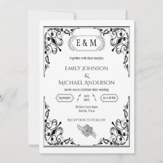 Invitation Élégant Monogramme gothique Mariage noir et blanc