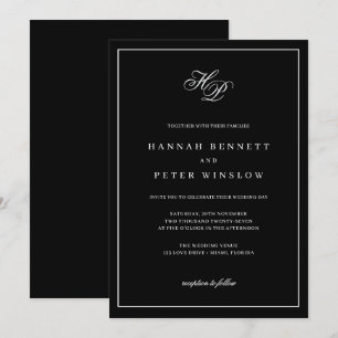 Invitation Élégant Monogramme Initiales Black Frame Mariage