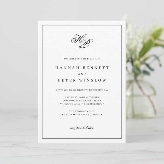Invitation Élégant Monogramme Initiales Black Frame Mariage (Debout devant)