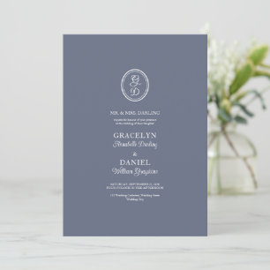 Invitation Élégant Monogramme Initiales Bleu foncé Dusty Blan