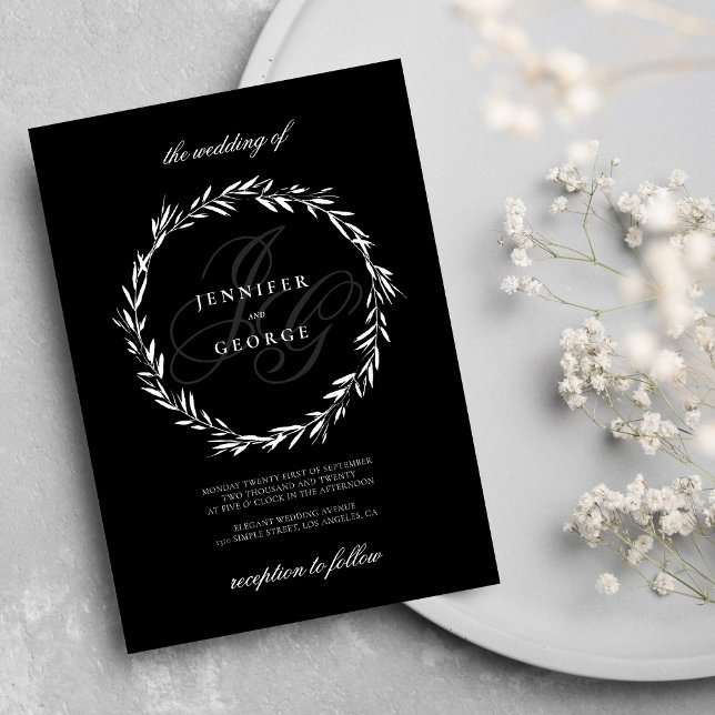 Invitation Élégant monogramme initiales Mariage noir blanc (Elegant monogram initials black white Wedding )