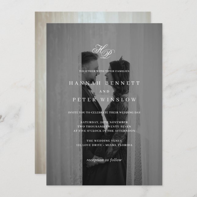 Invitation Élégant Monogramme Initiales Minimal Mariage photo (Devant / Derrière)