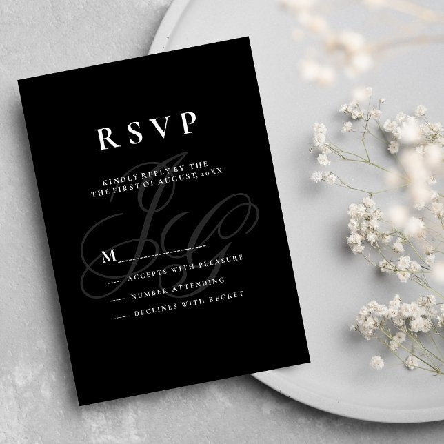 Invitation Élégant monogramme initiales noir blanc RSVP (Elegant monogram initials black white RSVP)