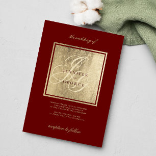 Invitation Élégant monogramme initiales or mariage bordeaux