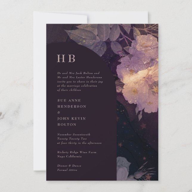 Invitation Élégant Monogramme Luxe Boho foncé Arche Florale (Devant)