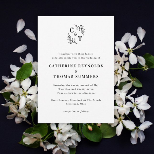 Invitation Élégant Monogramme Mariage Feuille (Elegant Monogram Greenery Leaves Wedding Invitations.)