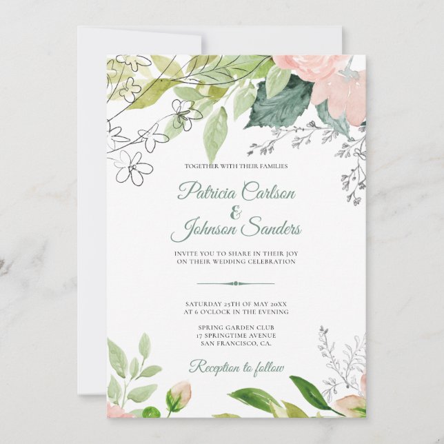 Invitation Élégant monogrammé mariage floral aquarelle (Devant)