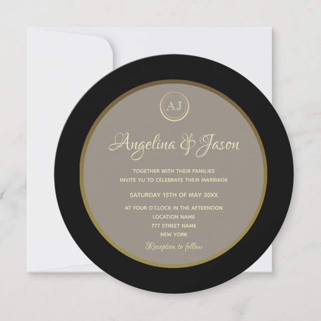 Invitation Élégant Monogramme Mariage noir et or (Devant)