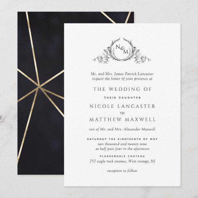 Invitation Élégant Monogramme noir et or Mariage officiel (Devant / Derrière)