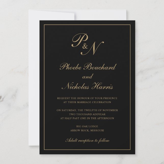Invitation Élégant Monogramme officiel Mariage noir et or (Devant)