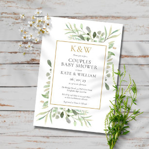 Invitation Elégant Monogramme Or Verdure Couples Baby shower