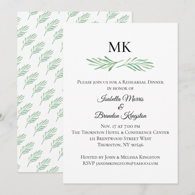 Invitation Élégant Monogramme Revue de verdure Dîner de répét (Devant / Derrière)