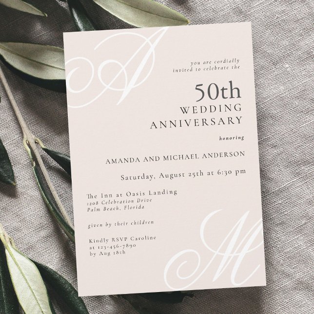 Invitation Élégant Monogramme rose pâle 50e anniversaire (Available as printed or digital download invitations!)