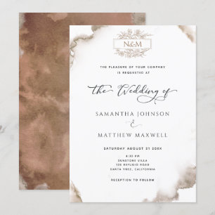 Invitation Élégant Monogramme, Tons Terreux Aquarelle, Mariag