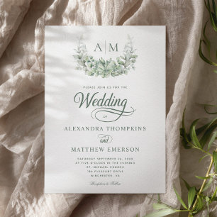 Invitation Élégant Monogramme Verdure Eucalyptus Sage Mariage